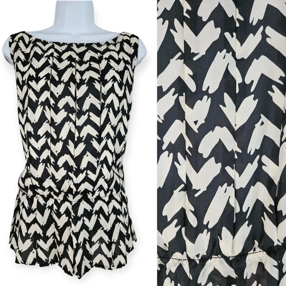 NWOT Doncaster black & white pleated  silk peplum blouse top Womens 12